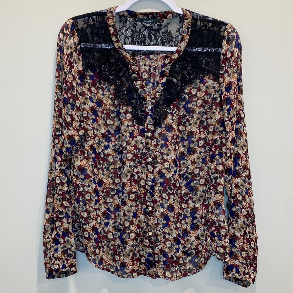 Miss Me Floral Long Sleeve Sheer Button Down Top Lace Embellished Size Medium